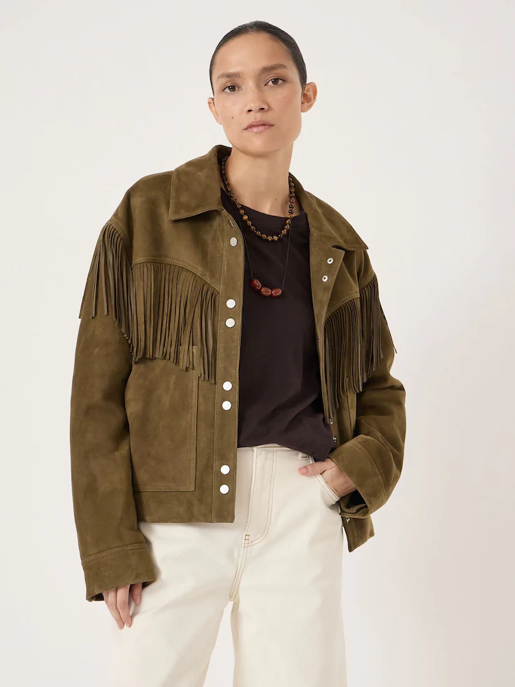 Hush Green Oona Fringe Suede Jacket