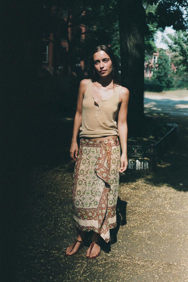 ZARA PRINTED RAMIE PAREO SKIRT